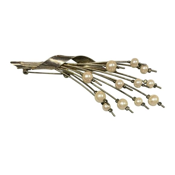 Vintage Mid-Century Modernist Silver-Toned Wheat Brooch With Faux Pearl Accents - Picture 1 of 7